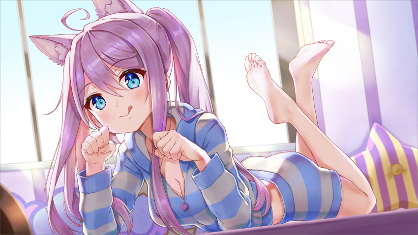 :p absurdres ahoge animal_ear_fluff animal_ears barefoot blue_eyes blue_jacket blue_shorts blurry blurry_background blush breasts cleavage collarbone crossed_legs feet feet_up female grey_jacket grey_shorts hair_between_eyes head_tilt highres hood hooded_jacket indie_virtual_youtuber indoors jacket legs lying mawata_spica medium_breasts on_stomach paw_pose pillow purple_hair shinno shiny_skin shorts sidelocks soles solo striped_clothes striped_jacket striped_shorts the_pose toes tongue tongue_out twintails virtual_youtuber window