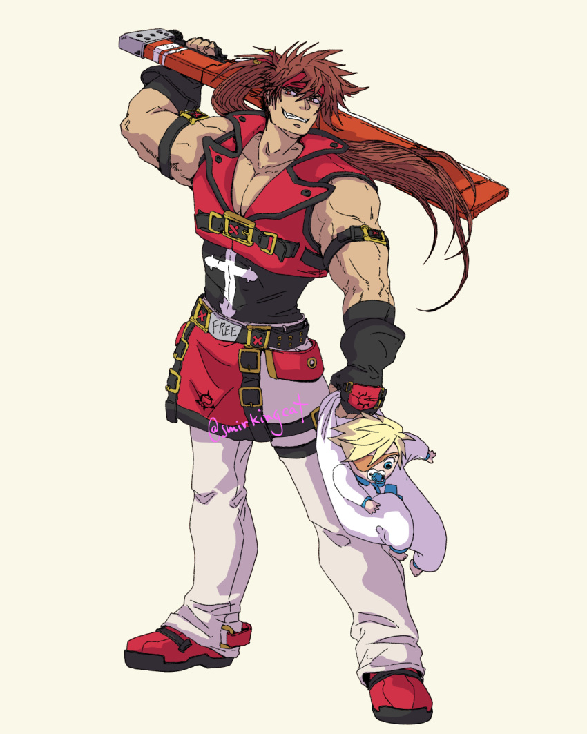 2boys abs baby belt brown_hair carrying cross english_text eyepatch grandfather_and_grandson guilty_gear guilty_gear_xrd highres holding holding_sword holding_weapon junkyard_dog_mk_iii long_hair male_focus multiple_boys over_shoulder pacifier pectoral_cleavage pectorals simple_background sin_kiske smile smirkingcat sol_badguy sword twitter_username weapon weapon_over_shoulder