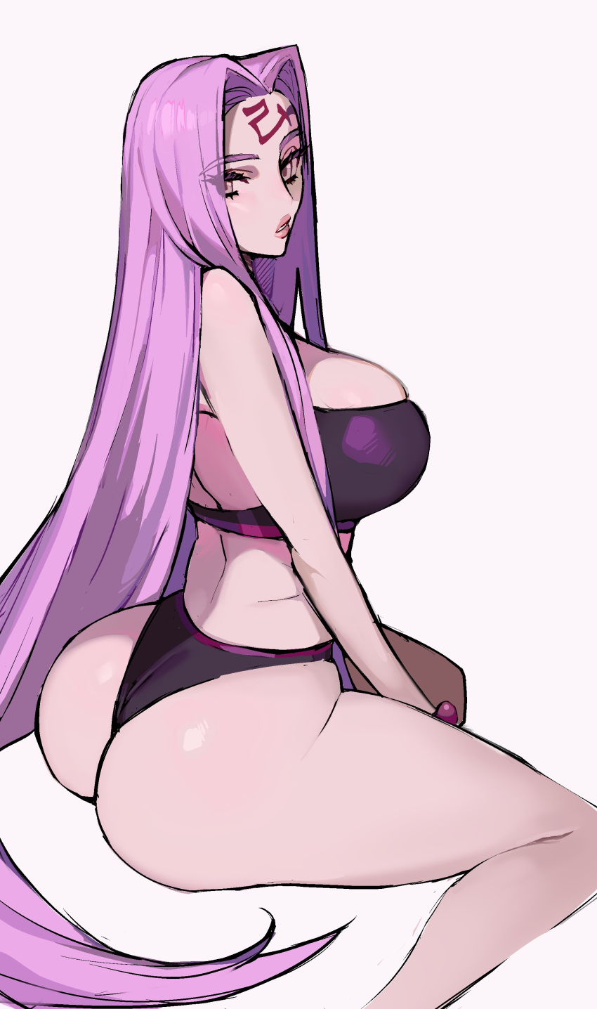 absurdres arched_back ass bikini black_bikini breasts commentary ennuigrl facial_mark fate/stay_night fate_(series) female forehead_mark hair_intakes highres large_breasts long_hair looking_back medusa_(fate) medusa_(rider)_(fate) purple_background purple_hair simple_background sitting solo swimsuit thick_thighs thighs very_long_hair wariza yellow_eyes