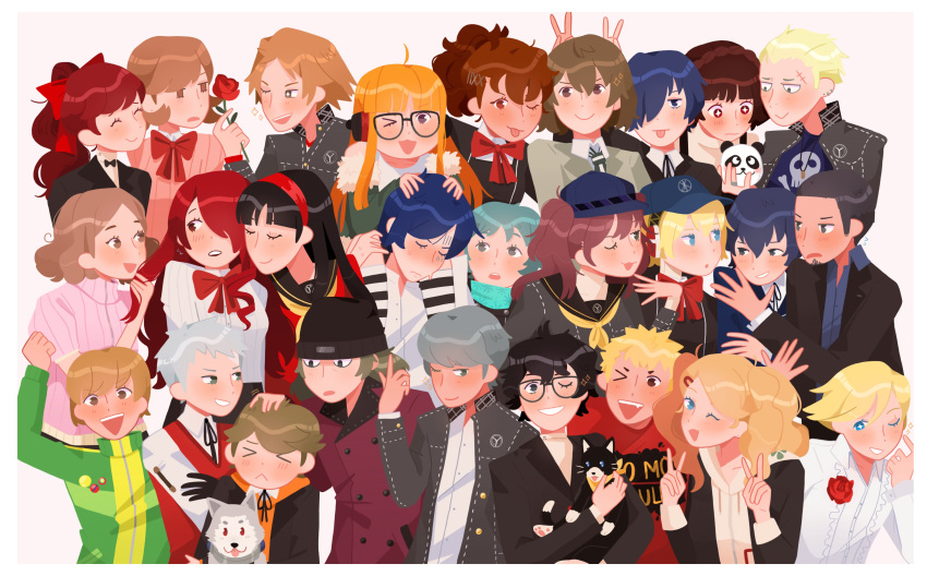 >_< >_o 6+boys 6+girls :3 absurdres aegis_(persona) akechi_gorou amada_ken amagi_yukiko amamiya_ren aragaki_shinjirou beanie black_hair blue_hair braid brown_hair cabbie_hat canine commentary corsage crown_braid english_commentary everyone feline flower gekkoukan_high_school_uniform glasses grey_hair hairband hanamura_yousuke hat highres in-franchise_crossover iori_junpei jacket kirijou_mitsuru kitagawa_yuusuke koromaru_(persona) kujikawa_rise kuma_(persona_4) looking_at_viewer morgana_(persona_5) multiple_boys multiple_girls narukami_yuu niijima_makoto okumura_haru one_eye_closed orange_hair persona persona_3 persona_3_portable persona_4 persona_5 persona_5_the_royal red_hair rose sailor_collar sakamoto_ryuuji sakura_futaba sanada_akihiko satonaka_chie school_uniform shiomi_kotone shirogane_naoto shuujin_academy_school_uniform smile sodapeche takamaki_anne tatsumi_kanji white_hair yamagishi_fuuka yasogami_school_uniform yoshizawa_kasumi yukari_takeba yuuki_makoto_(persona_3)