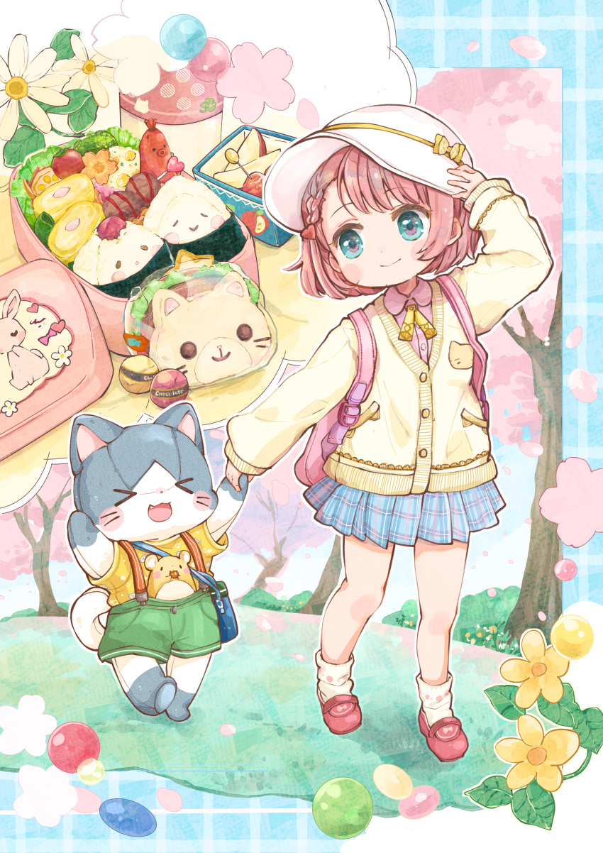 >_< :3 absurdres ankle_socks apple arm_up backpack bag bento blush bow braid buttons cardigan cherry_blossoms chocolate closed_mouth collared_shirt egg_(food) feline female flower food food_art footwear_bow fruit green_eyes hacosumi hamster hanami hand_on_headwear hat hat_bow hat_ribbon highres holding_hands lace_trim lolicon long_sleeves looking_at_another looking_to_the_side mary_janes messenger_bag neck_ribbon onigiri original outdoors patch pink_hair plaid plaid_skirt pleated_skirt polka_dot polka_dot_legwear ribbed_sweater ribbon sandwich seams shirt shoes short_hair shorts shoulder_bag single_braid skirt sleeves_past_wrists smile socks stuffed_animal stuffed_cat stuffed_toy suspenders sweater t-shirt tako-san_wiener thermos walking