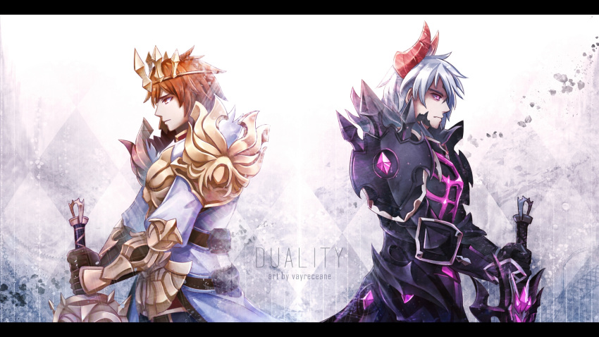 2boys argyle_background armor artist_name black_armor black_gloves brown_eyes brown_gloves brown_hair commentary_request crown dark_lord_kasel_(king's_raid) frown gem gloves grey_background grey_hair highres holding holding_sword holding_weapon horns kasel_(king's_raid) king's_raid letterboxed male_focus multiple_boys photoshop_(medium) purple_eyes standing sword vayreceane weapon