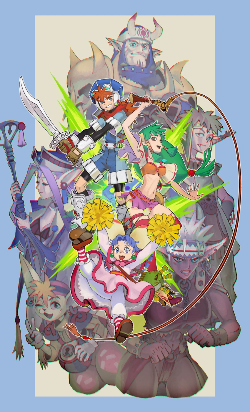 4girls armor blue_eyes breasts cleavage closed_mouth commentary_request dark_skin earrings feena_(grandia) freckles gadwin_(grandia) gloves grandia grandia_i green_hair groin guido_(grandia) hair_ornament hair_tubes hat headband highres jewelry justin_(grandia) liete_(grandia) long_hair looking_at_viewer low-tied_long_hair midriff milda_(grandia) multiple_boys multiple_girls muscular navel necklace open_mouth pointy_ears purple_eyes purple_hair puui_(grandia) rapp_(grandia) red_hair skirt smile sue_(grandia) sword thighhighs urasato weapon wide_sleeves