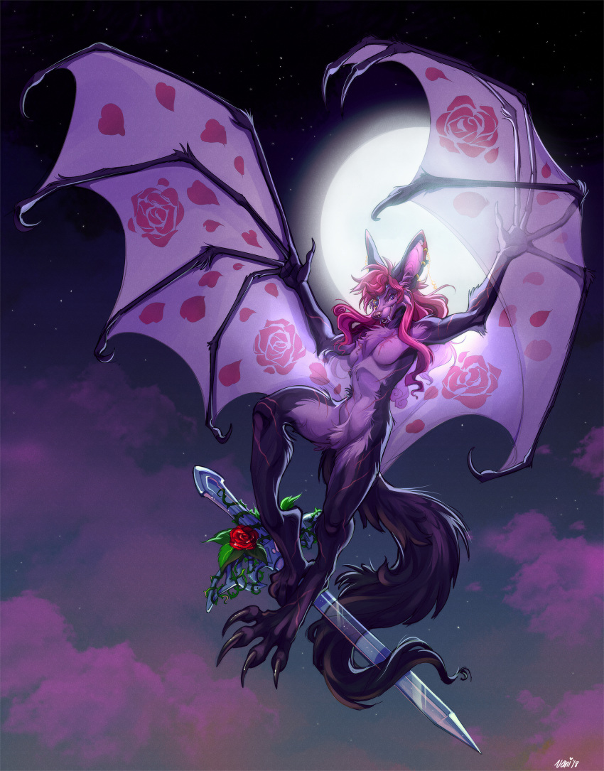 2018 absurd_res anthro bat breasts ear_piercing eye_patch eyewear featureless_breasts feet female flower flying fur hair hi_res mammal melee_weapon membrane_(anatomy) membranous_wings moon naturally_censored night nude nyxis piercing pink_body pink_fur pink_hair plant purple_eyes realistic_wings rose_(flower) scar solo sword talons toes vani weapon wings