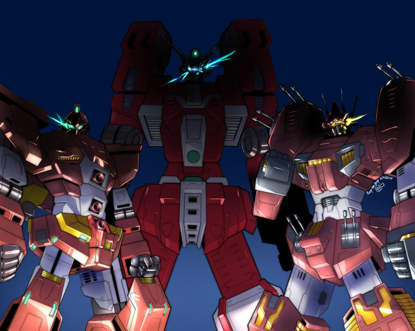 antennae assault_visor blue_background blue_visor cannon clenched_hands commentary densetsu_kyojin_ideon energy english_commentary glowing green_visor gun gundam gundam_build_fighters highres ideon iron_gear joey_the_lazy looking_at_viewer mecha mecha_focus no_humans psyco_gm robot science_fiction sentou_mecha_xabungle shade turret weapon yellow_visor