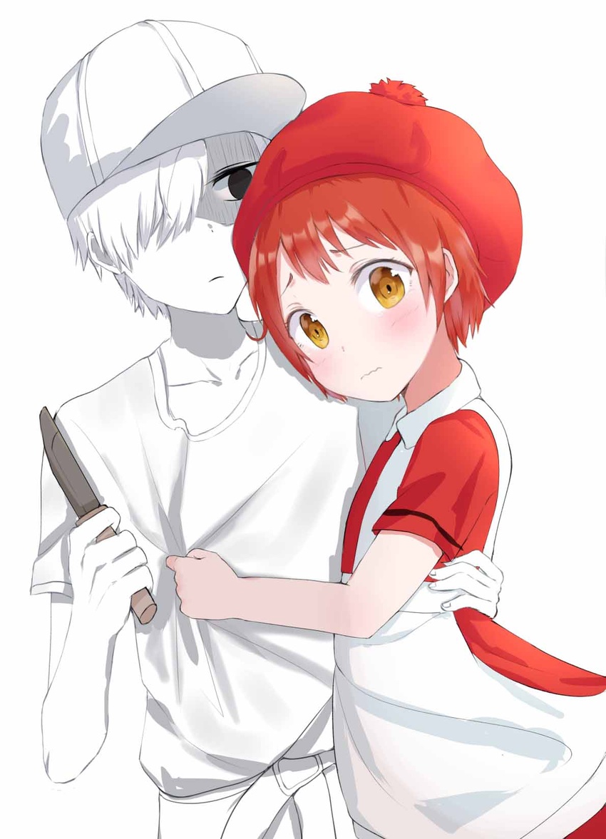 1boy ae-3803 aged_down apron arm_around_waist belt belt_buckle beret blush brown_eyes buckle closed_mouth collarbone colored_skin commentary erythroblast_(hataraku_saibou) female fingernails flat_cap hair_over_one_eye hat hataraku_saibou highres holding holding_knife knife kubong myelocyte_(hataraku_saibou) photoshop_(medium) red_hair red_hat red_shirt shirt short_hair short_sleeves simple_background symbol-only_commentary u-1146 wavy_mouth white_apron white_background white_belt white_hair white_hat white_shirt white_skin