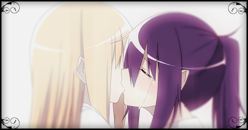 2girls bad_id bad_pixiv_id blonde_hair blurry blush border closed_eyes commentary_request crying depth_of_field doma_umaru hair_over_eyes highres himouto!_umaru-chan kirisaki_seeker kissing long_hair motoba_kirie multiple_girls ponytail purple_hair shirt simple_background streaming_tears tears white_background white_shirt yuri