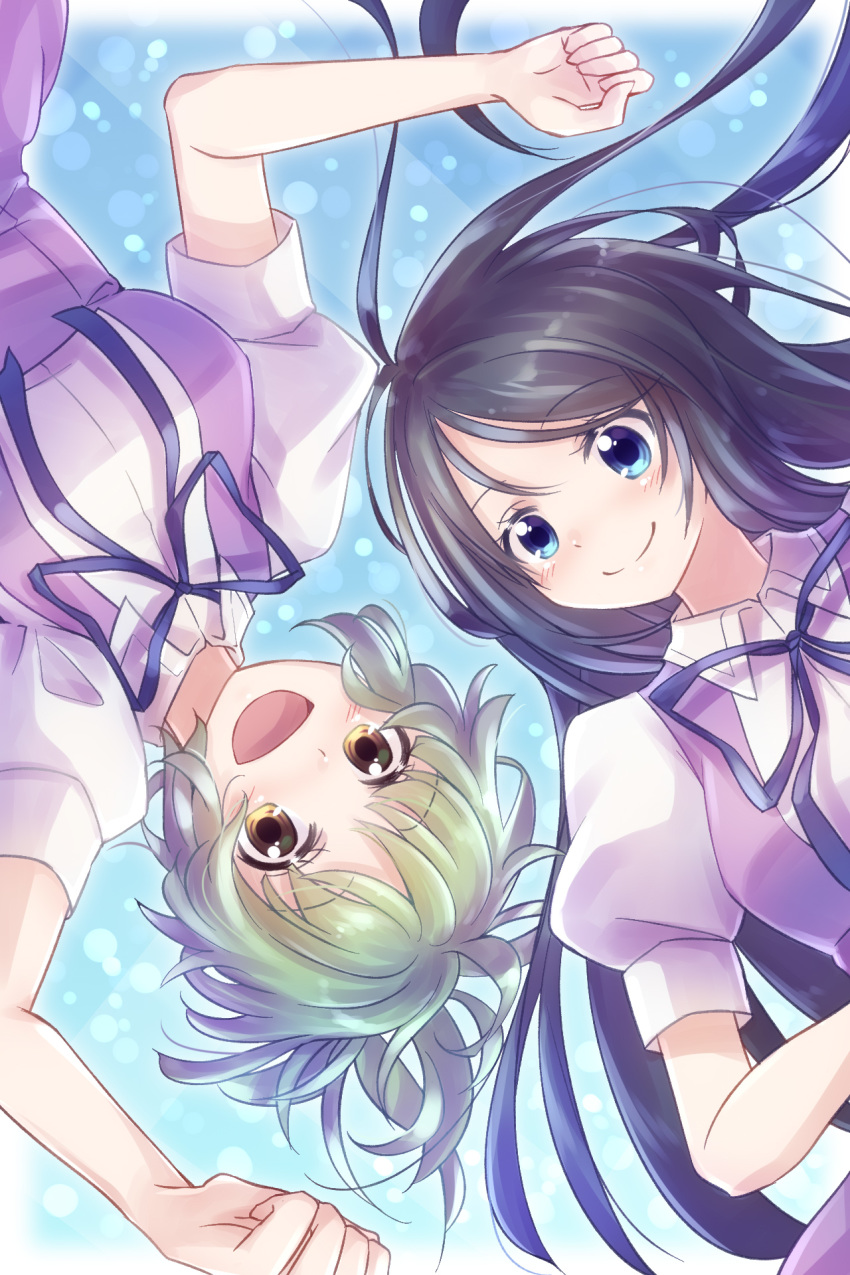 2girls :d amanchu! aqua_hair black_hair blue_eyes closed_mouth commentary_request friends green_hair highres kohinata_hikari long_hair looking_at_viewer multiple_girls nyaa_(nnekoron) ooki_futaba open_mouth puffy_short_sleeves puffy_sleeves ribbon school_uniform short_hair short_sleeves smile upside-down yellow_eyes