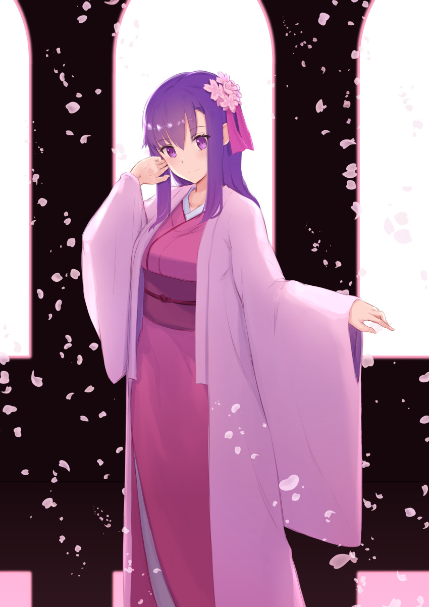 bad_id bad_pixiv_id closed_mouth commentary fate/grand_order fate_(series) female flower hair_between_eyes hair_flower hair_ornament hand_up head_tilt highres japanese_clothes jilu kasuga_no_tsubone_(fate) kimono long_sleeves matou_sakura obi parvati_(fate) petals pink_flower pink_kimono pink_ribbon purple_eyes purple_hair ribbon sash sleeves_past_wrists smile solo wide_sleeves