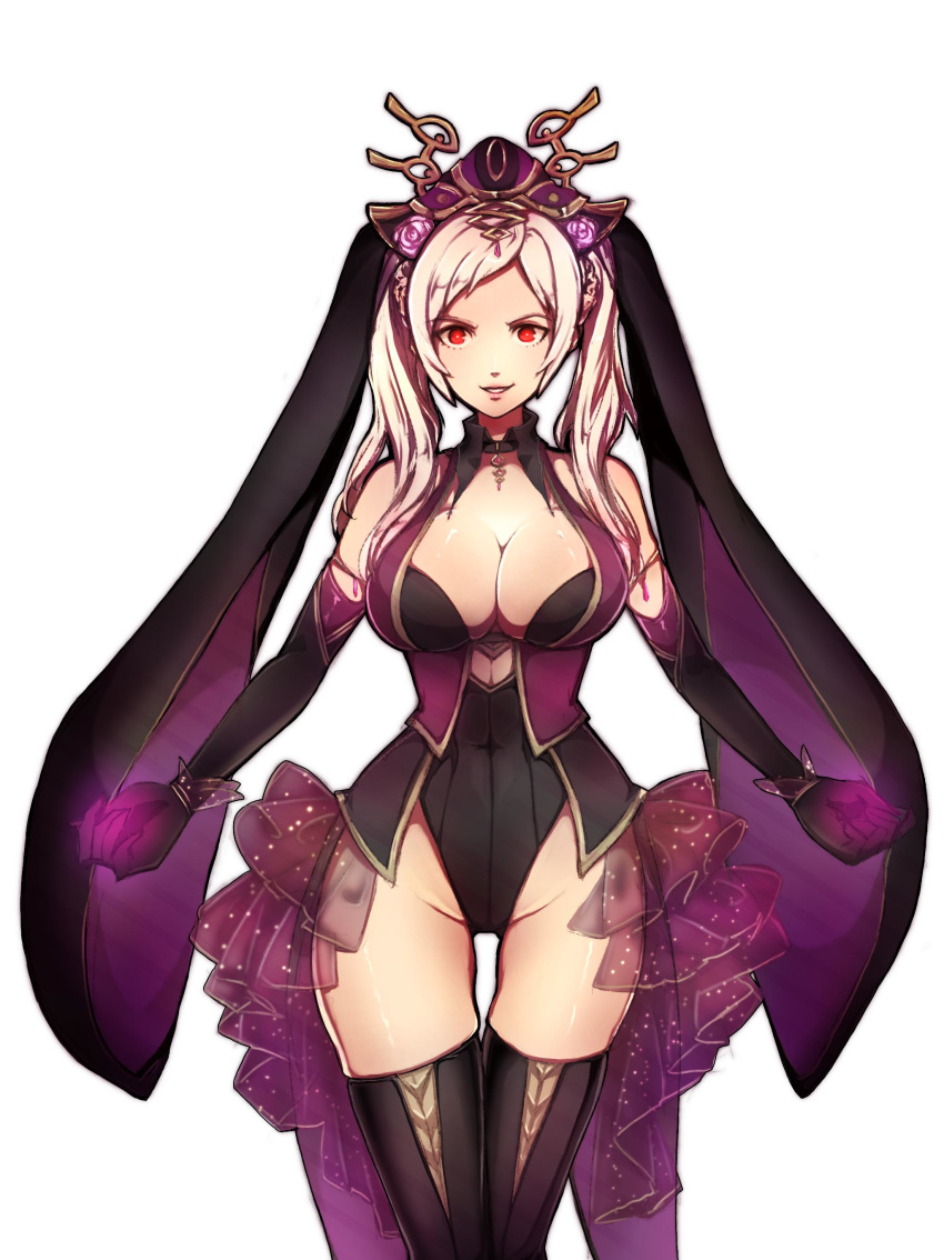 absurdres animal_ears black_gloves black_thighhighs breasts cleavage commentary cosplay fake_animal_ears female fire_emblem fire_emblem_awakening fire_emblem_heroes gloves grima_(fire_emblem) hair_ornament hat highleg highleg_leotard highres ladyxhero large_breasts leotard loki_(fire_emblem) loki_(fire_emblem)_(cosplay) loki_(spring)_(fire_emblem) parted_lips rabbit_ears red_eyes robin_(female)_(fire_emblem) robin_(fire_emblem) simple_background solo thighhighs twintails white_background white_hair witch