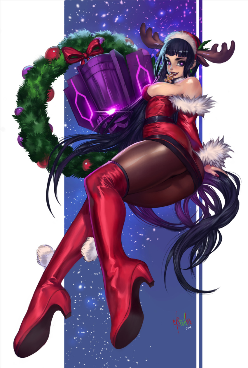 ass black_hair boots breasts christmas female food galacta helmet high_heel_boots high_heels highres horns lips long_hair marvel purple_eyes solo thigh_boots thighhighs