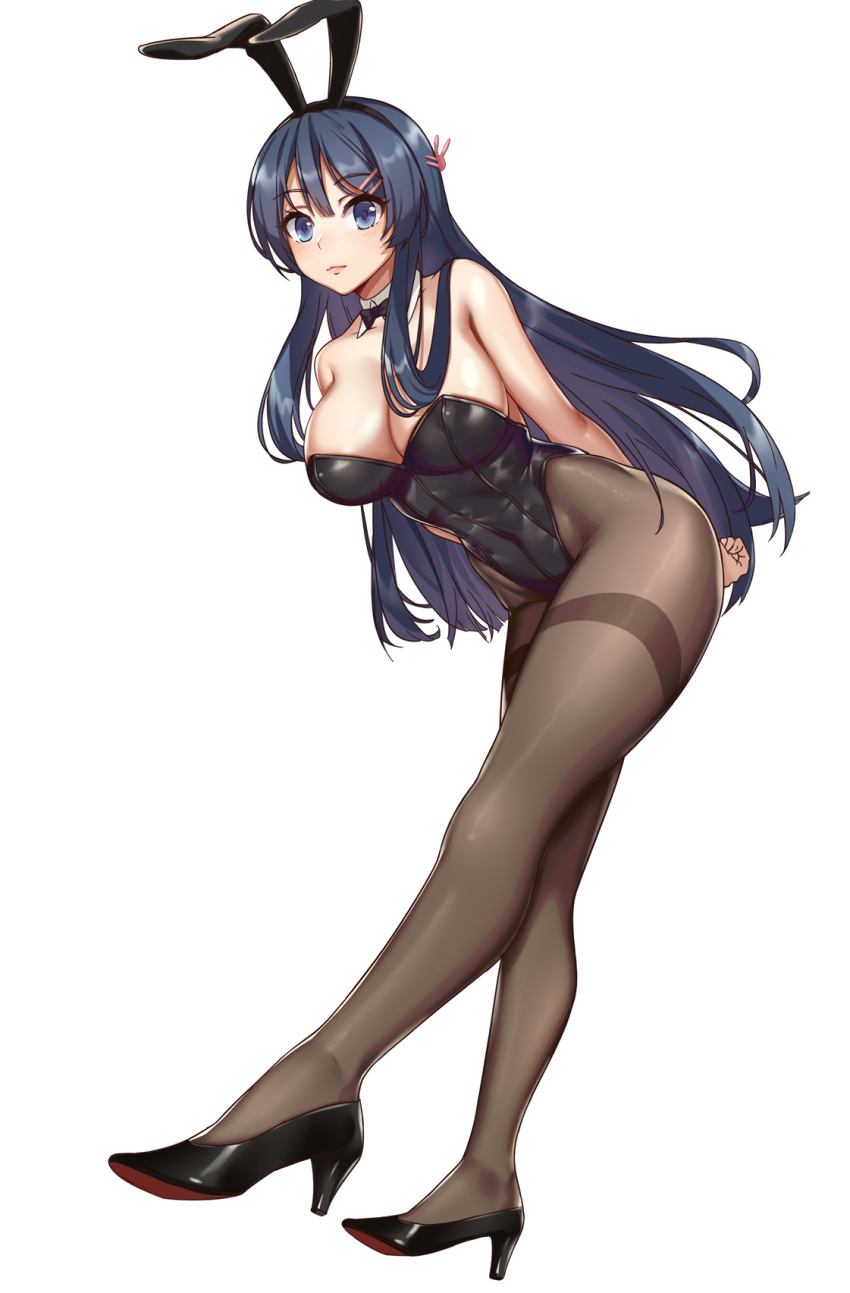 animal_ears arms_behind_back bad_id bad_pixiv_id black_footwear black_hair black_leotard black_pantyhose bow bowtie breasts cleavage detached_collar female full_body hair_ornament hairclip high_heels highres large_breasts leaning_forward leotard long_hair looking_at_viewer pantyhose playboy_bunny purple_eyes rabbit_ears sakurajima_mai seishun_buta_yarou simple_background solo strapless strapless_leotard white_background wrist_cuffs yizhirenben