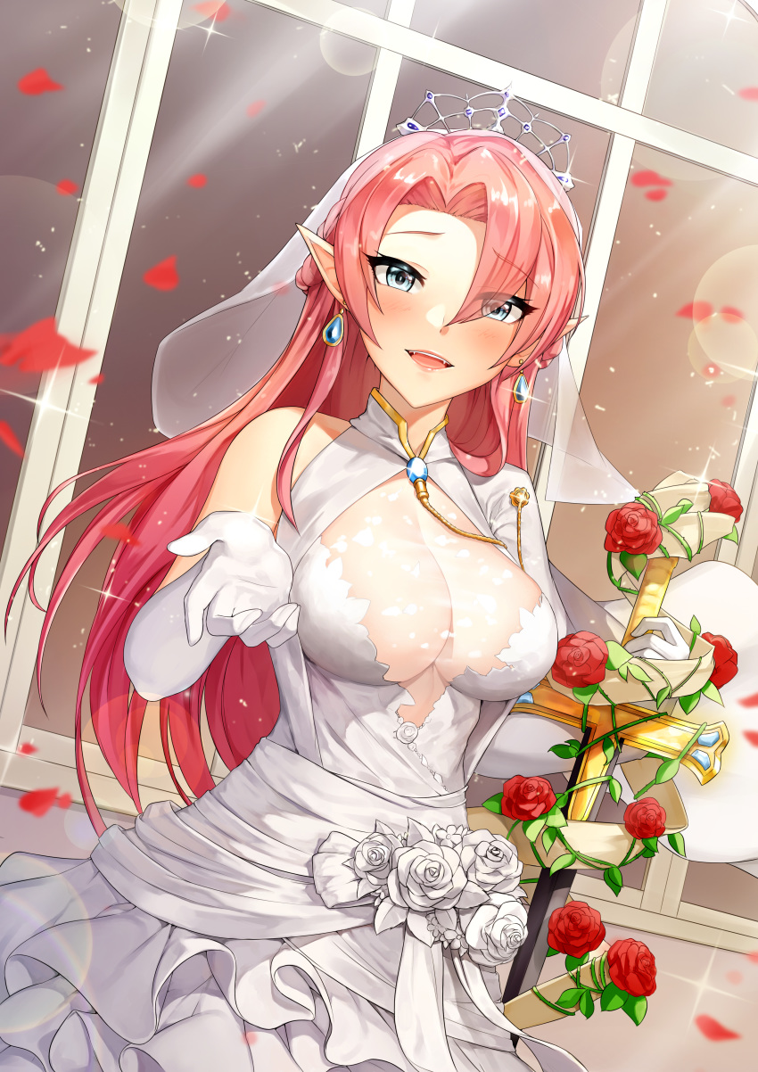 azur_lane cleavage dress duke_of_york_(azur_lane) jai_(whany1998) pointy_ears sword wedding_dress