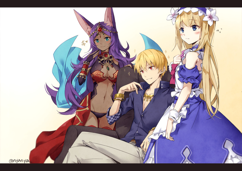 1boy 1other :3 animal_ears apron armchair ass_visible_through_thighs bad_id bad_pixiv_id beige_background blonde_hair blue_shirt blush breasts chair chevalier_d'eon_(fate) chevalier_d'eon_(maid_knight)_(fate) cleavage closed_mouth collarbone commentary_request crossed_legs dark-skinned_female dark_skin detached_sleeves dress dress_shirt earrings fate/grand_order fate_(series) female flower flying_sweatdrops frilled_apron frills gilgamesh_(establishment)_(fate) gilgamesh_(fate) gradient_background green_eyes grey_pants groin hair_between_eyes hair_flower hair_ornament hairband hand_up jewelry letterboxed long_hair looking_at_viewer medium_breasts navel nyanya official_alternate_costume pants parted_bangs puffy_short_sleeves puffy_sleeves purple_dress purple_hair purple_hairband queen_of_sheba_(fate) red_eyes shirt short_sleeves sitting sleeveless sleeveless_dress standing twitter_username very_long_hair waist_apron white_apron white_background white_flower wrist_cuffs