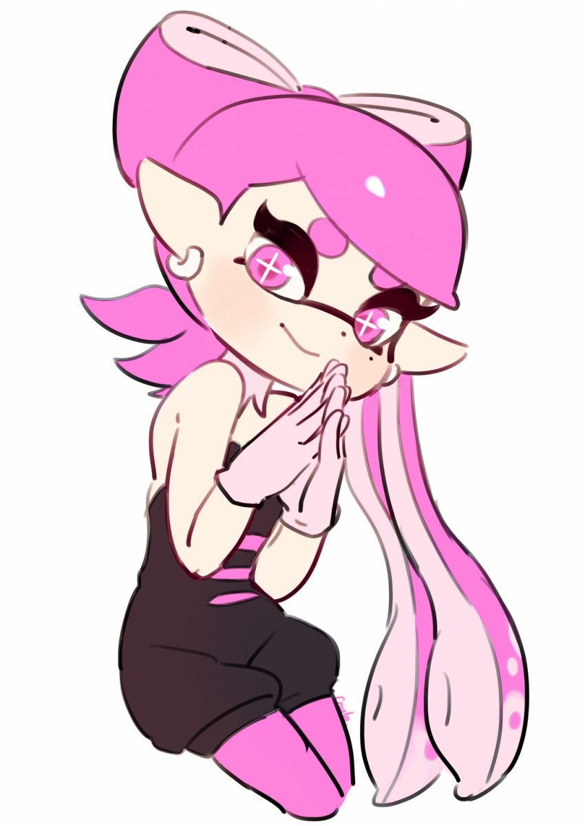 +_+ alternate_eye_color alternate_hair_color bare_shoulders black_jumpsuit callie_(splatoon) closed_mouth commentary_request coula_cat detached_collar earrings female gloves hair_rings hands_up highres inkling interlocked_fingers jewelry jumpsuit long_hair looking_at_viewer mole mole_under_eye pantyhose pink_eyes pink_hair pink_pantyhose pointy_ears short_jumpsuit simple_background smile solo splatoon_(series) splatoon_1 strapless suction_cups symbol-shaped_pupils tentacle_hair white_background white_gloves