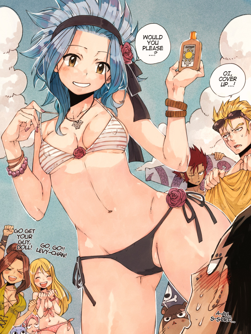 3girls 4boys arm_up bad_link black_hair blonde_hair blue_sky brown_hair cameltoe cana_alberona clenched_hand closed_eyes cloud cobra_(fairy_tail) covered_nipples dark_skin day fairy_tail from_below gajeel_redfox hair_bun happy_(fairy_tail) highres holding laxus_dreyar levy_mcgarden long_hair lotion_bottle lucy_heartfilia multiple_boys multiple_girls natsu_dragneel one_eye_closed outdoors pantherlily parted_lips pink_hair red_hair rusky scar scar_across_eye scar_on_face single_hair_bun sky source_request spiked_hair