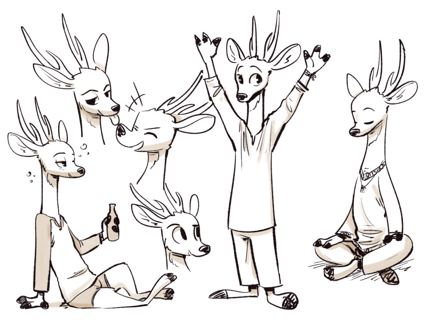 2019 4:3 anthro antlers bag barefoot biped blep bottle cheek_tuft closed_eyes clothed clothing container crossed_legs deer drunk facial_tuft feet fuel_(artist) greyscale half-closed_eyes head_tuft holding_object horn jewelry laugh looking_at_viewer male mammal micah_(fuel) monochrome multiple_poses narrowed_eyes necklace open_mouth open_smile pose raised_arm simple_background sitting smile solo substance_intoxication tongue tongue_out tuft white_background wristband