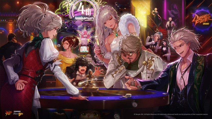 anniversary artist_request black_dress black_hair black_suit brown_hair casino cup dark_knight_(dungeon_and_fighter) demonic_lancer dress dress_shirt dress_vest drinking_glass dungeon_and_fighter earpiece female_gunner_(dungeon_and_fighter) female_priest_(dungeon_and_fighter) female_slayer_(dungeon_and_fighter) fighter_(dungeon_and_fighter) formal fur_trim gambling glasses gunblader_(dungeon_and_fighter) gunner_(dungeon_and_fighter) highres keto_cactus knight_(dungeon_and_fighter) male_fighter_(dungeon_and_fighter) male_priest_(dungeon_and_fighter) neon_lights official_art official_wallpaper panicking pink_hair poker_chip red_dress roulette roulette_table seria_kirmin shirt slayer_(dungeon_and_fighter) slot_machine suit sweat table thief_(dungeon_and_fighter) white_dress white_hair wine_glass yellow_dress