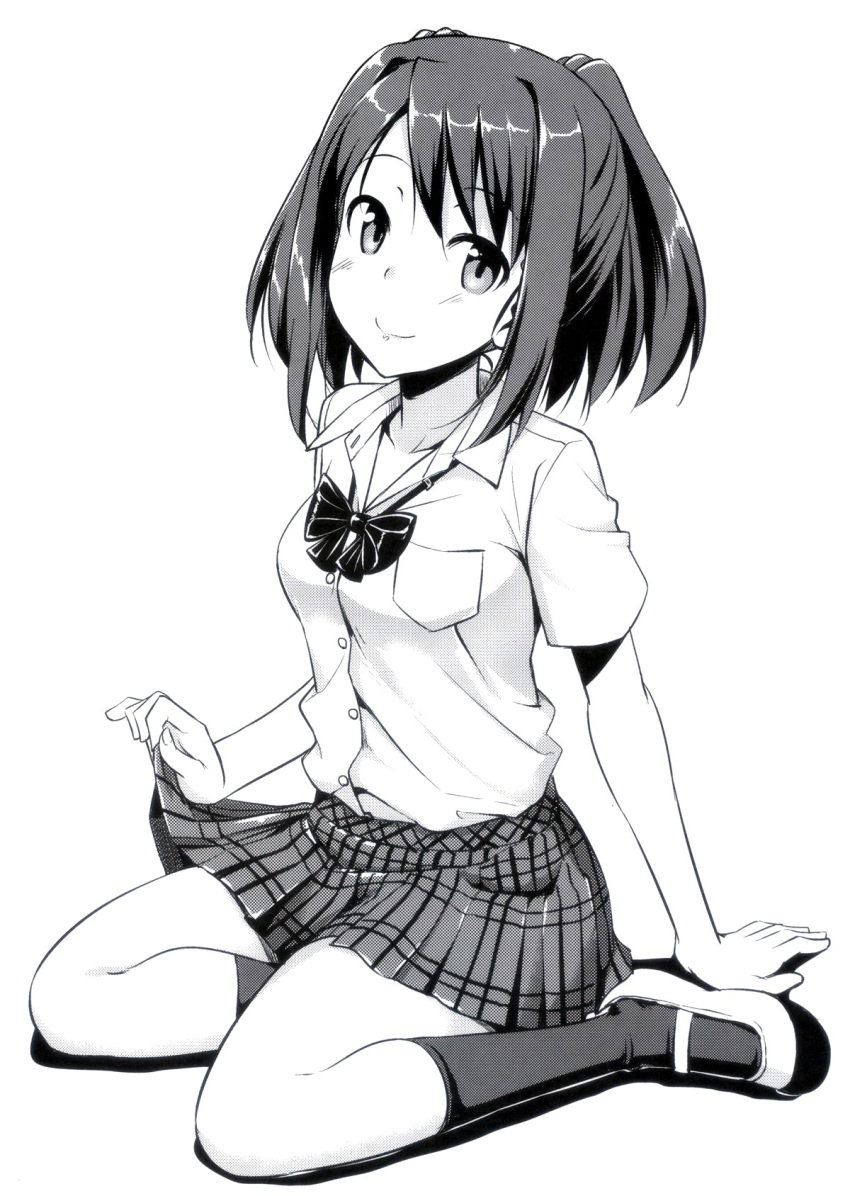 breast_pocket breasts clothes_lift dress_shirt female full_body greyscale highres koiito_kinenbi looking_at_viewer miniskirt monochrome okunaga_anna plaid plaid_skirt pleated_skirt pocket ribbon school_uniform shirt shoes short_sleeves simple_background sitting skirt skirt_lift small_breasts smile solo source_request takayaki uwabaki yokozuwari