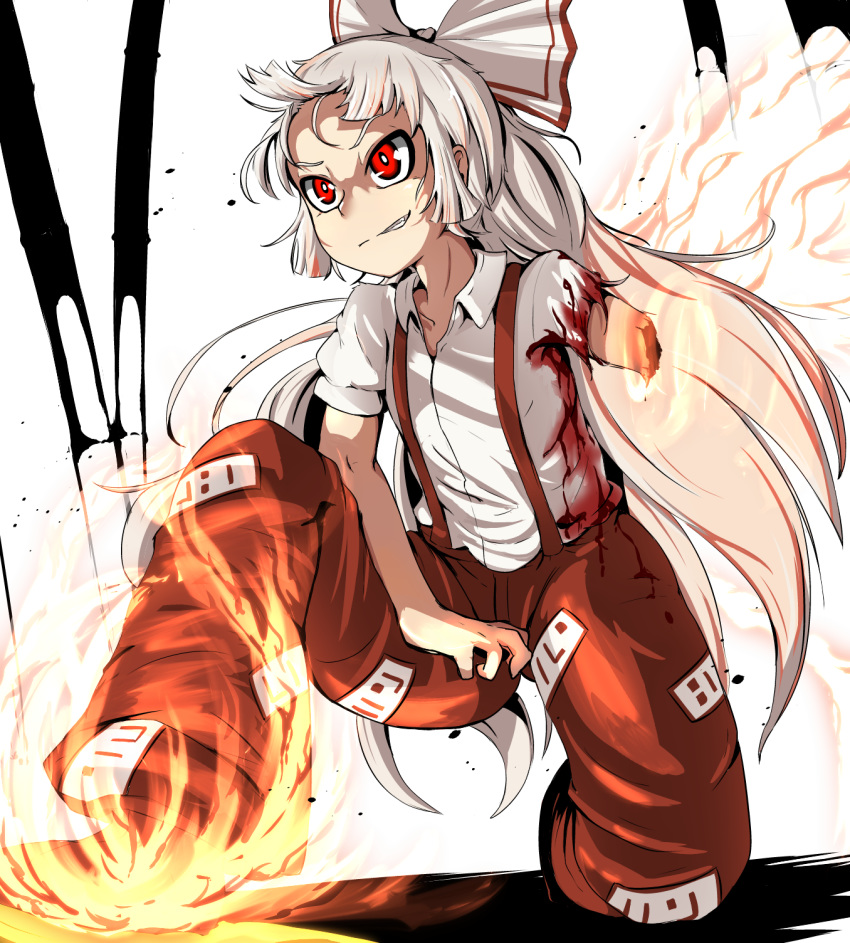 baggy_pants bamboo bare_arms blood blood_on_clothes bow bright_pupils collarbone collared_shirt commentary epic_armageddon female fire floating_hair fujiwara_no_mokou full_body grey_hair grin hairbow highres injury long_hair looking_afar missing_limb ofuda on_one_knee pants red_eyes red_pants shirt short_sleeves sidelocks smile solo suspenders torn_clothes torn_sleeves touhou v-shaped_eyebrows very_long_hair white_bow white_pupils white_shirt