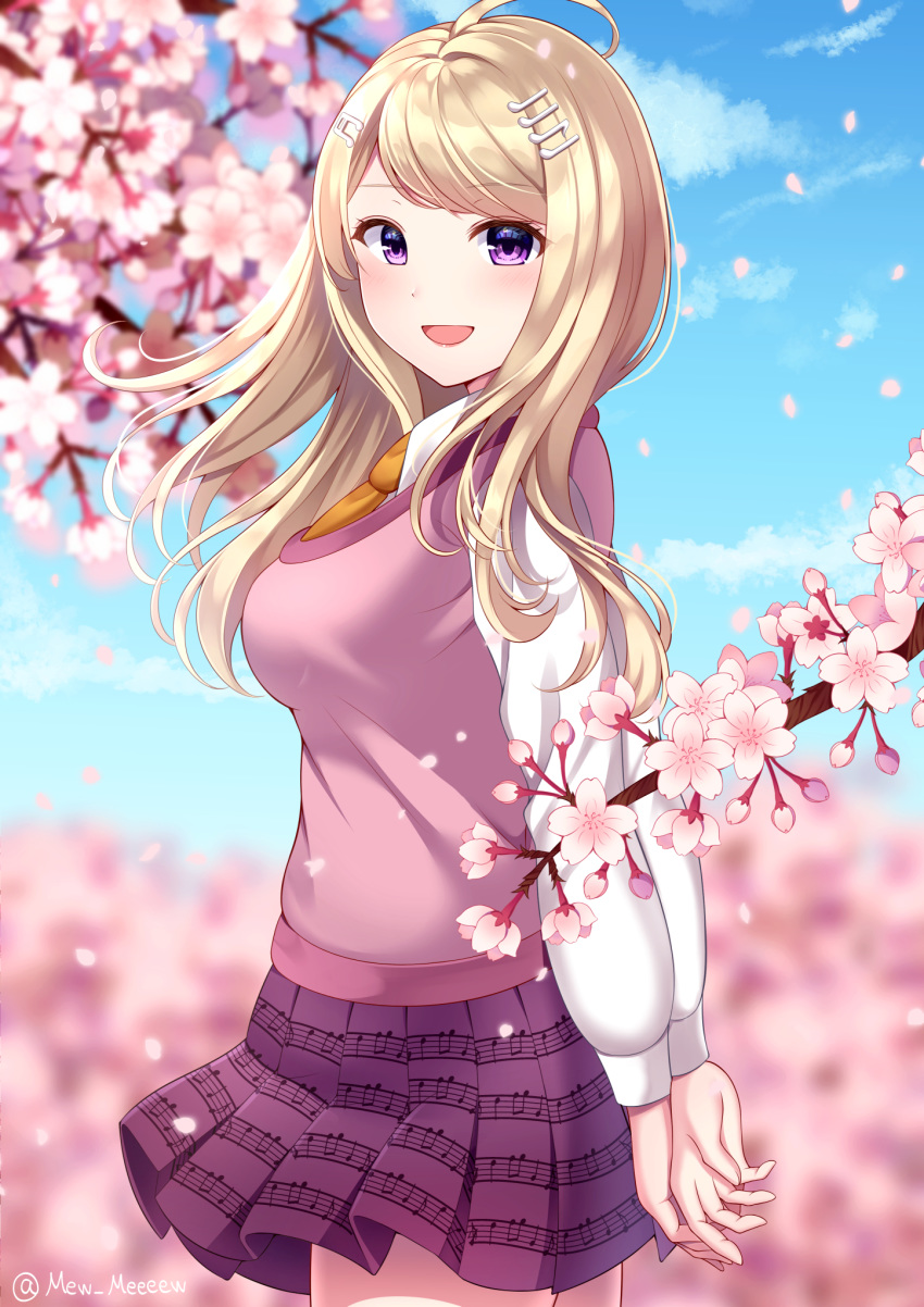 @ ahoge akamatsu_kaede artist_name beamed_eighth_notes blonde_hair blue_sky blurry blurry_background blush breasts cherry_blossoms commentary_request danganronpa day dot_nose eighth_note eyebrows_visible_through_hair female from_side hair_ornament happy highres long_hair long_sleeves looking_at_viewer medium_breasts musical_note musical_note_hair_ornament nabekokoa necktie new_danganronpa_v3 orange_neckwear outdoors pink_sweater_vest pleated_skirt purple_eyes school_uniform shirt skirt sky smile solo standing sweater_vest