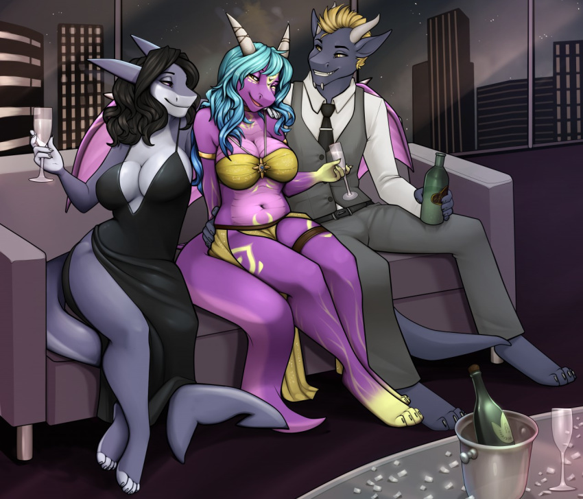 2018 4_toes 5_fingers alcohol anthro barefoot beverage big_breasts black_hair blonde_hair blue_hair breasts champagne city cleavage clothed clothing detailed_background digital_media_(artwork) dragon dress feet female fin fingers fish group hair half-closed_eyes inside jaren_(foxyrexy) male marine marsha_twilight midriff mythological_creature mythological_scalie mythology narrowed_eyes navel night non-mammal_breasts robyn_paperdoll scalie shark sitting smile tail teri_kressner toes