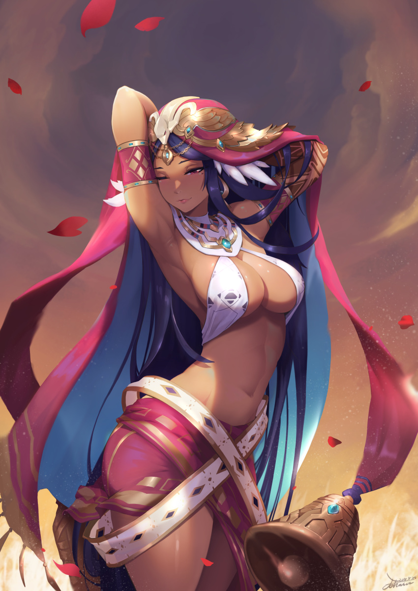 ;) absurdres arabian_clothes arm_behind_head arm_tattoo armlet armpits bell breasts chinese_commentary cleavage commentary dancer dark-skinned_female dark_skin dated earrings female forehead_jewel halterneck highres hood hood_up jewelry johnson_zhuang lisa_(sdorica) long_hair mole mole_under_eye navel one_eye_closed petals photoshop_(medium) purple_hair red_eyes revealing_clothes sdorica signature smile solo tattoo very_long_hair