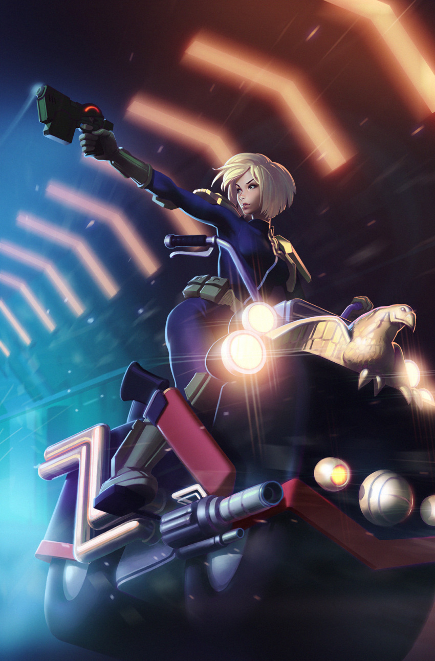 2000_ad bad_link black_eyes blonde_hair bodysuit cover_image dredd female gloves gun headlight headlight_beam highres holding holding_gun holding_weapon ilya_kuvshinov judge_anderson lips looking_to_the_side motion_blur motor_vehicle motorcycle outstretched_arm parted_lips science_fiction short_hair shoulder_pads solo source_request tunnel weapon