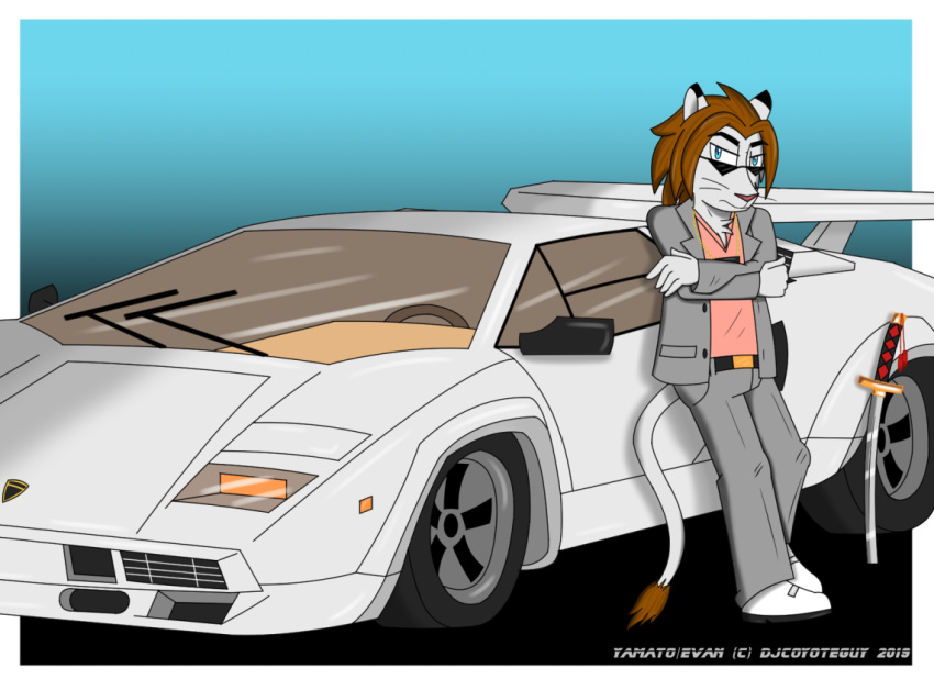 anthro blue_eyes brown_hair car clothing djcoyoteguy evan_white_(djcoyoteguy) felid fur gradient_background hair katana lamborghini lamborghini_countach lion mammal melee_weapon pantherine simple_background solo sword vehicle weapon white_body white_fur