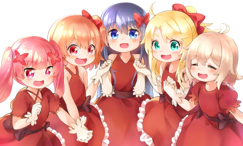 5girls :3 :d absurdres ahoge blonde_hair blue_eyes blue_hair blush bow brown_bow closed_eyes commentary dress elbow_gloves flower frilled_dress frills gloves green_eyes hair_between_eyes hair_flower hair_ornament hairbow happy_happy_friends high_ponytail highres himesaka_noa holding_hands hoshino_hinata interlocked_fingers konomori_kanon light_brown_hair long_hair multiple_girls netamaru oerba_yun_fang open_mouth pink_hair puffy_short_sleeves puffy_sleeves red_bow red_dress red_eyes red_flower shirosaki_hana short_sleeves simple_background skin_fang sleeveless sleeveless_dress smile tanemura_koyori thick_eyebrows twintails very_long_hair watashi_ni_tenshi_ga_maiorita! white_background white_gloves