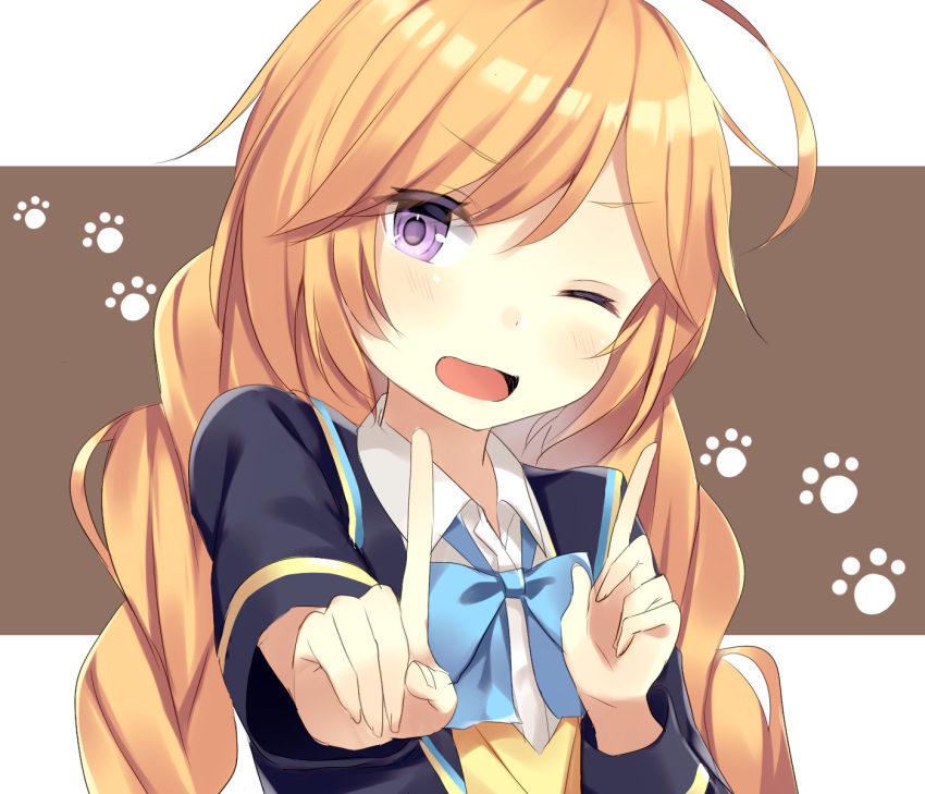 ;d ahoge black_jacket blazer blue_bow blush bow braid brown_background brown_hair collared_shirt commentary_request dress_shirt female fingernails girlfriend_(kari) hair_between_eyes head_tilt highres index_finger_raised jacket koi_dance komomo_(ptkrx) long_hair long_sleeves low_twintails one_eye_closed open_clothes open_jacket open_mouth purple_eyes shirt smile solo suzukawa_rino sweater_vest twin_braids twintails two-tone_background white_background white_shirt