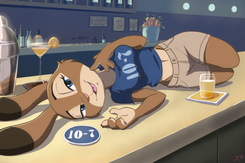 2018 alcohol anthro bar bedroom_eyes beverage blue_eyes bluelighthouse bottomwear breasts brown_body brown_fur carrot clothed clothing cocktail cocktail_glass container cup deaffinity deannart dipstick_ears disney drinking_glass ear_markings fan_character female food fur glass glass_container glass_cup lagomorph leporid looking_at_viewer mammal martini midriff multicolored_ears narrowed_eyes navel pink_nose plant rabbit seductive shorts solo trisha_rose_(bluelighthouse) vegetable zootopia