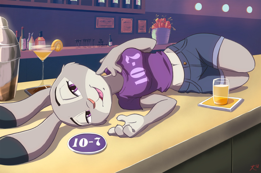 2018 3:2 alcohol anthro bar beverage bottomwear breasts carrot clothed clothing cocktail cocktail_glass container cup deaffinity deannart dipstick_ears disney drinking_glass ear_markings female food fur glass glass_container glass_cup grey_body grey_fur hi_res inside judy_hopps lagomorph leporid looking_at_viewer mammal martini midriff multicolored_ears navel open_mouth plant purple_eyes rabbit seductive shorts solo vegetable zootopia