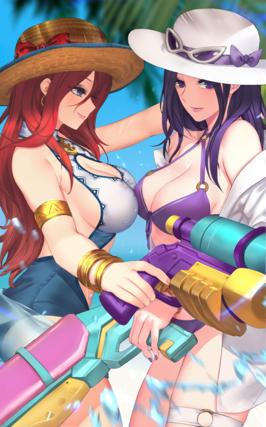 2girls absurdres armlet armpit_crease bikini blurry bow breasts caitlyn_(league_of_legends) chinese_commentary cleavage commentary_request criss-cross_halter day depth_of_field eyelashes eyes_visible_through_hair eyewear_on_head front-tie_bikini_top front-tie_top half-closed_eyes halterneck hat highres large_breasts league_of_legends lips medium_breasts medium_hair miss_fortune_(league_of_legends) multiple_girls navel o-ring o-ring_bikini o-ring_top off_shoulder open_clothes open_mouth open_shirt outdoors pd_(pdpdlv1) photoshop_(medium) pool_party_(league_of_legends) pool_party_caitlyn pool_party_miss_fortune purple_bikini purple_eyes purple_hair red_bow red_hair shirt sideboob sidelocks smile straw_hat sunglasses swimsuit water water_gun wet wet_clothes wet_shirt