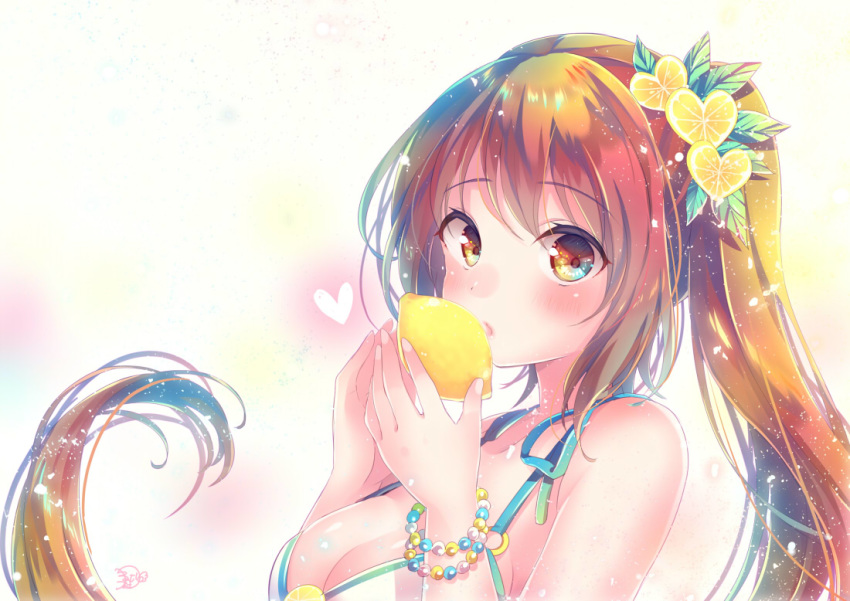 bikini_top blush breasts cleavage close food fruit gothic_wa_mahou_otome heart long_hair nemuri_nemu orange_eyes orange_hair ponytail signed tagme_(character) wristwear