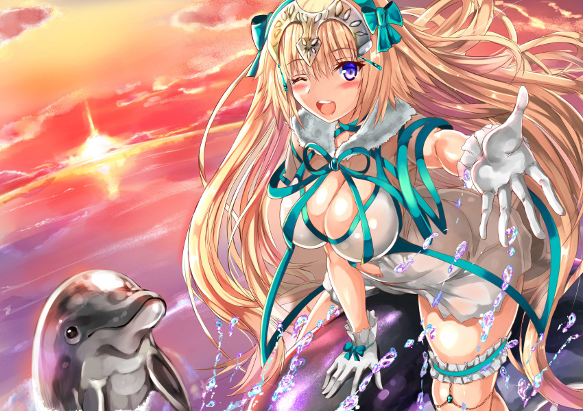 ;d absurdres blonde_hair blue_hairband blue_ribbon blush breasts cleavage clothing_cutout commentary_request detached_collar dolphin fate/grand_order fate_(series) female fur_collar gloves hairband headpiece highres jeanne_d'arc_(fate) jeanne_d'arc_(swimsuit_archer)_(fate) jeanne_d'arc_(swimsuit_archer)_(third_ascension)_(fate) large_breasts long_hair looking_at_viewer navel_cutout ocean one-piece_swimsuit one_eye_closed open_mouth outstretched_hand purple_eyes ribbon riding smile solo sunset swimsuit swimsuit_skirt thigh_strap uchida_shou very_long_hair water white_gloves white_one-piece_swimsuit