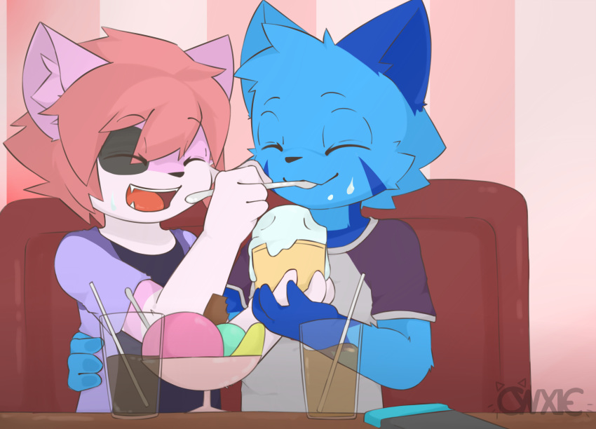 anthro beverage closed_eyes clothing cute_fangs cynxie_(artist) dessert domestic_cat duo electronics felid feline felis food game_console hand_holding happy haziq_(hazumazu) hi_res ice_cream male mammal naz_namaki_(cynxie) nintendo nintendo_switch open_mouth shirt topwear young young_anthro