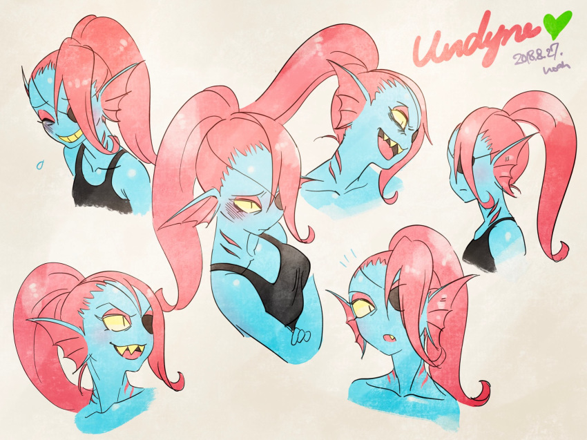 4:3 animal_humanoid blue_body blue_skin clothing digital_media_(artwork) eye_patch eyewear fish fish_humanoid gills grin hair hi_res humanoid long_hair marine marine_humanoid multiple_angles noaharbre ponytail portrait red_hair shirt smile solo tank_top teeth topwear undertale undertale_(series) undyne