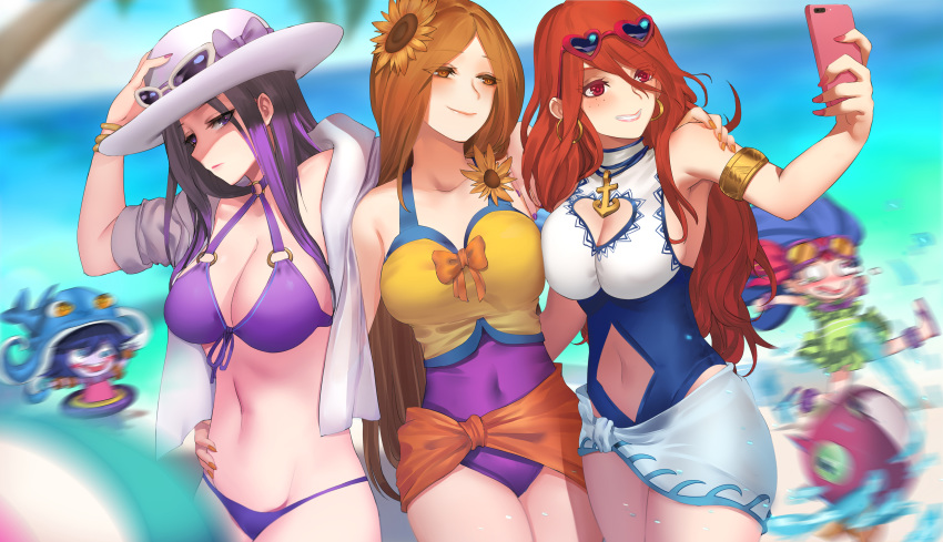 5girls absurdres armpits beach bikini breasts brown_eyes caitlyn_(league_of_legends) cellphone chinese_commentary cleavage cleavage_cutout clothing_cutout commentary_request day eyewear_on_head flower hair_flower hair_ornament hat highres large_breasts league_of_legends leona_(league_of_legends) lulu_(league_of_legends) miss_fortune_(league_of_legends) multiple_girls navel_cutout one-piece_swimsuit orange_hair outdoors palm_tree pd_(pdpdlv1) phone photoshop_(medium) pool_party_(league_of_legends) pool_party_caitlyn pool_party_leona pool_party_lulu pool_party_miss_fortune pool_party_zoe purple_hair red_eyes red_hair sarong selfie sunflower sunflower_hair_ornament sunglasses swimsuit tree yordle zoe_(league_of_legends)