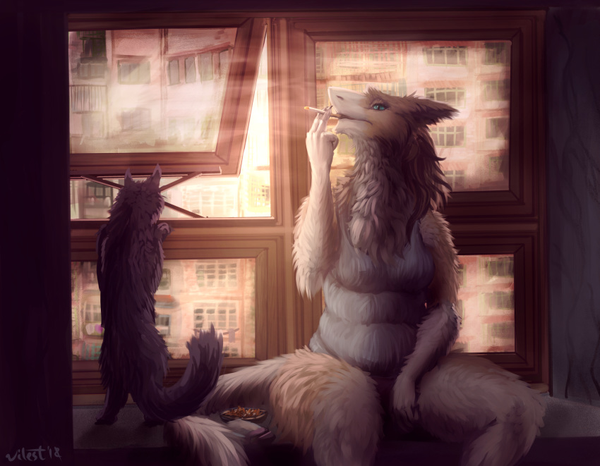 anthro ass big_butt breasts cigarette clothed clothing detailed_background digital_media_(artwork) female fur hi_res ironwood mammal overweight poor sergal slightly_chubby smoke smoking trash wide_hips