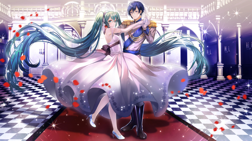 1boy abandon_ranka absurdly_long_hair anniversary bare_shoulders black_choker black_footwear blue_footwear blue_hair boots cendrillon_(vocaloid) checkered_floor choker closed_mouth commentary_request dress elbow_gloves epaulettes female flower gloves green_eyes green_hair grey_pants hair_between_eyes hand_grab hatsune_miku high_heels highres indoors jacket kaito_(vocaloid) knee_boots long_hair long_sleeves official_art pants partial_commentary petals pillar pleated_dress purple_eyes red_flower red_rose rose shoes smile standing standing_on_one_leg twintails very_long_hair video_thumbnail vocaloid white_dress white_gloves white_jacket