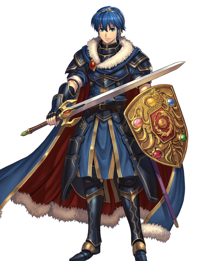 1boy armor armored_boots belt binding_shield blue_eyes blue_hair boots cape closed_mouth falchion_(fire_emblem) fingerless_gloves fire_emblem fire_emblem:_mystery_of_the_emblem fire_emblem_heroes full_body fur_trim gloves highres holding holding_shield holding_sword holding_weapon izuka_daisuke jewelry light_smile looking_at_viewer male_focus marth_(fire_emblem) non-web_source official_art sheath shield short_sleeves shoulder_armor shoulder_pads solo sword tiara transparent_background weapon