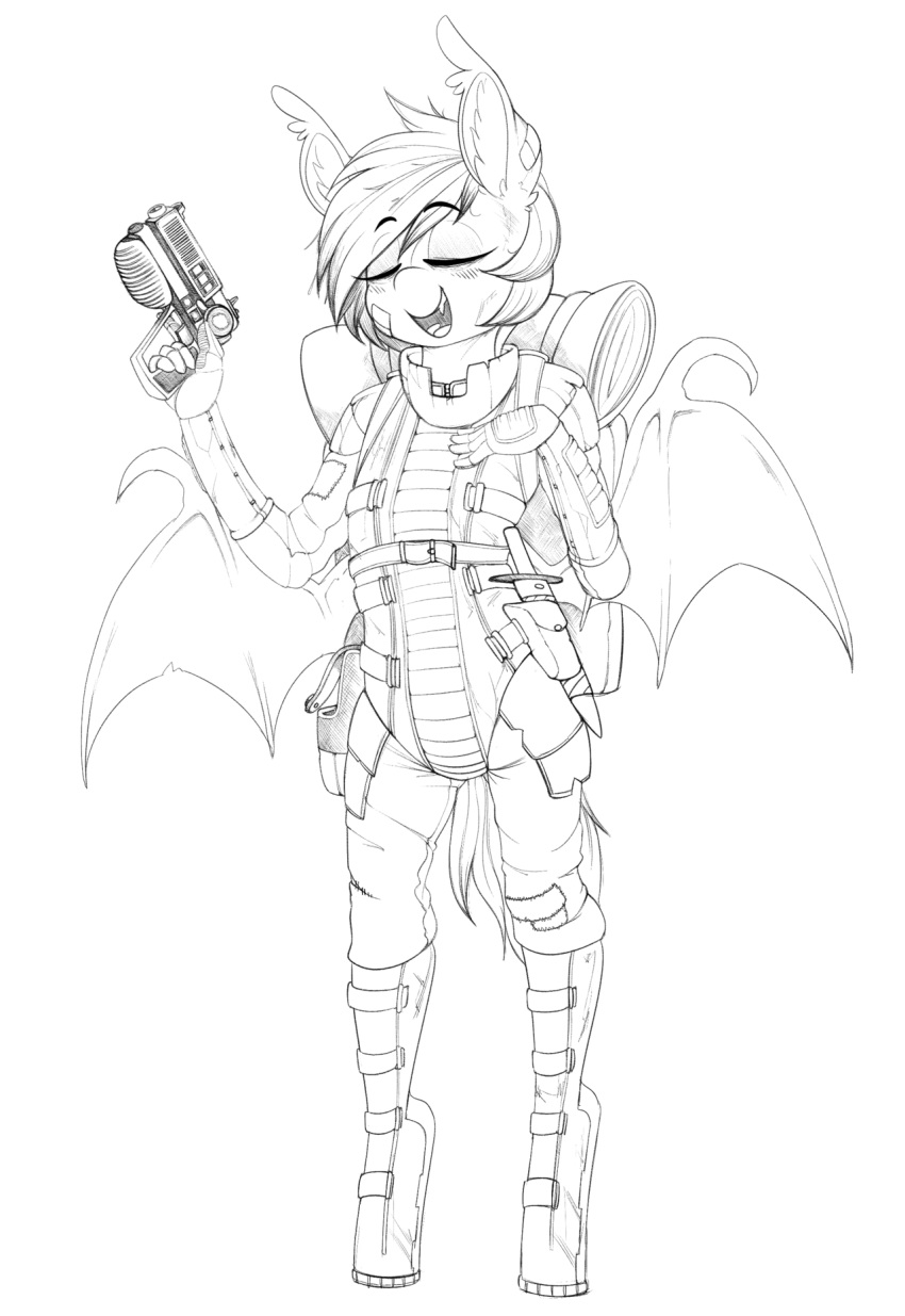 2018 anthro anthrofied armor bandage bat_pony bat_wings black_and_white clothed clothing dagger equid fan_character fangs female gun handgun hasbro hi_res knife mammal melee_weapon membrane_(anatomy) membranous_wings monochrome my_little_pony nolegs_(oc) pose ranged_weapon replica_(artist) simple_background smug solo standing teeth weapon white_background wings