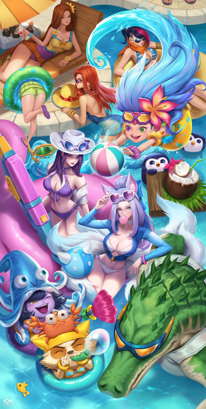 3boys 6+girls absurdres ahri_(league_of_legends) animal_ears ball beach_chair beachball bikini bird black_hair blowing_bubbles blue_eyes blue_hair bow breasts brown_eyes bubble caitlyn_(league_of_legends) chewing_gum citemer cleavage closed_eyes coconut colored_skin commentary crab cup drinking_glass drinking_straw earrings english_commentary fangs fiora_(league_of_legends) flower fox_ears fox_tail fruit_cup fur hair_flower hair_ornament hat heterochromia highres hoop_earrings innertube jacket jewelry large_breasts league_of_legends leona_(league_of_legends) light_purple_hair lipstick long_hair lulu_(league_of_legends) lying makeup miss_fortune_(league_of_legends) multicolored_hair multiple_boys multiple_girls navel open_clothes open_mouth orange_eyes orange_hair partially_submerged penguin pink_hair pool pool_party_(league_of_legends) pool_party_caitlyn pool_party_fiora pool_party_leona pool_party_lulu pool_party_miss_fortune pool_party_renekton pool_party_zoe purple_eyes purple_hair purple_skin red_hair renekton rubber_duck scarf scrunchie slippers smile snorkel staff streaked_hair sunglasses swim_ring swimsuit tail teemo tentacle two-tone_hair unzipped very_long_hair water yordle zac_(league_of_legends) zoe_(league_of_legends)