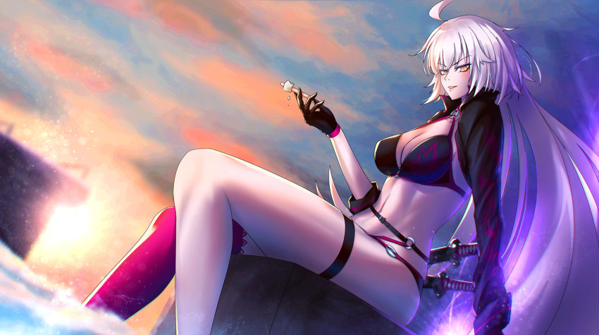 ahoge backlighting bikini black_bikini black_choker black_jacket choker cloud cloudy_sky commentary_request cropped_jacket dutch_angle fate/grand_order fate_(series) female food gloves hair_between_eyes highres holding holding_food jacket jeanne_d'arc_alter_(fate) jeanne_d'arc_alter_(swimsuit_berserker)_(fate) katana o-ring o-ring_bikini o-ring_bottom o-ring_top phantom_(pixiv) photoshop_(medium) popsicle red_thighhighs single_thighhigh sky solo sun sunset swimsuit sword thighhighs weapon yellow_eyes