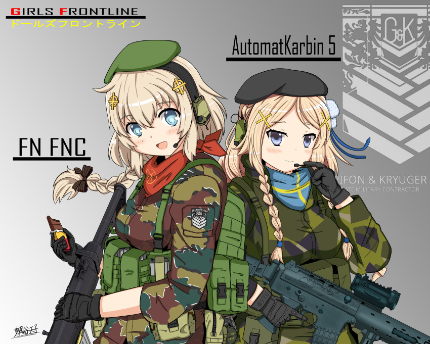 2girls absurdres ak_5 ak_5_(girls'_frontline) assault_rifle bandana beret blonde_hair blue_eyes camouflage character_name chinese_commentary commentary_request flag_print fn_fnc fnc_(girls'_frontline) foregrip girls'_frontline gloves gun hair_ornament hat headset highres kochiya_tenko military military_uniform multiple_girls print_bandana purple_eyes rifle scope swedish_flag swedish_flag_print swedish_uniform trigger_discipline uniform weapon