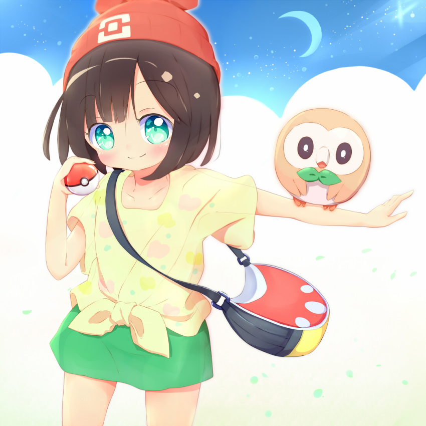 22m adapted_costume aqua_eyes arm_up bag bangs beanie black_hair blush closed_mouth collarbone cowboy_shot creatures_(company) crescent_moon eyebrows_visible_through_hair female female flat_chest floral_print game_freak gen_7_pokemon green_skirt hand_up happy hat holding holding_poke_ball lolicon looking_at_viewer miniskirt mizuki_(pokemon) moon nintendo outstretched_arm poke_ball poke_ball_(generic) poke_ball_symbol poke_ball_theme pokemon pokemon_(creature) pokemon_(game) pokemon_sm red_headwear rowlet shiny shiny_hair shirt short_hair short_sleeves skirt smile standing tied_shirt white_background yellow_shirt