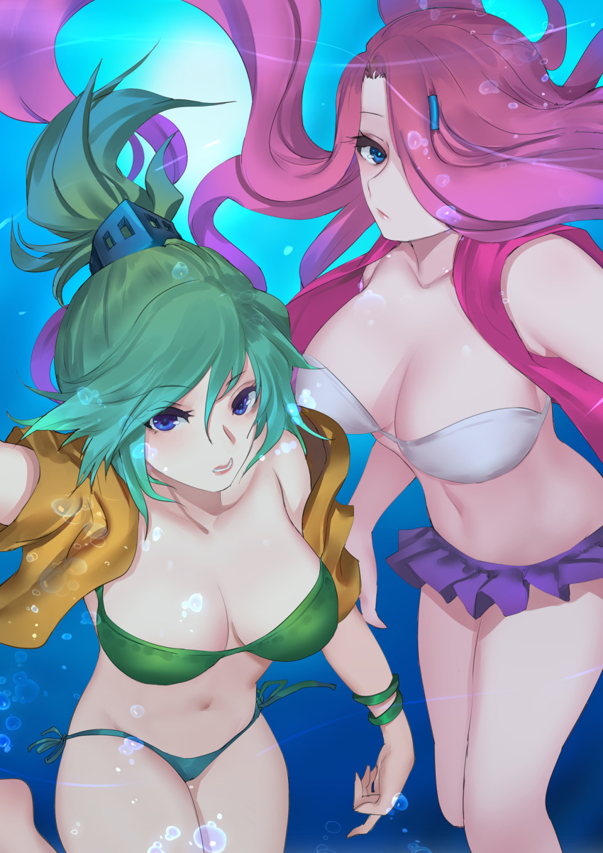 2girls air_bubble arcade_miss_fortune arcade_riven blue_eyes breasts bubble chinese_commentary cleavage commentary_request green_hair hair_ornament hair_over_one_eye highres large_breasts league_of_legends looking_at_viewer miniskirt miss_fortune_(league_of_legends) multiple_girls navel open_clothes open_mouth pd_(pdpdlv1) photoshop_(medium) pink_hair pleated_skirt riven_(league_of_legends) skirt tied_hair underwater water