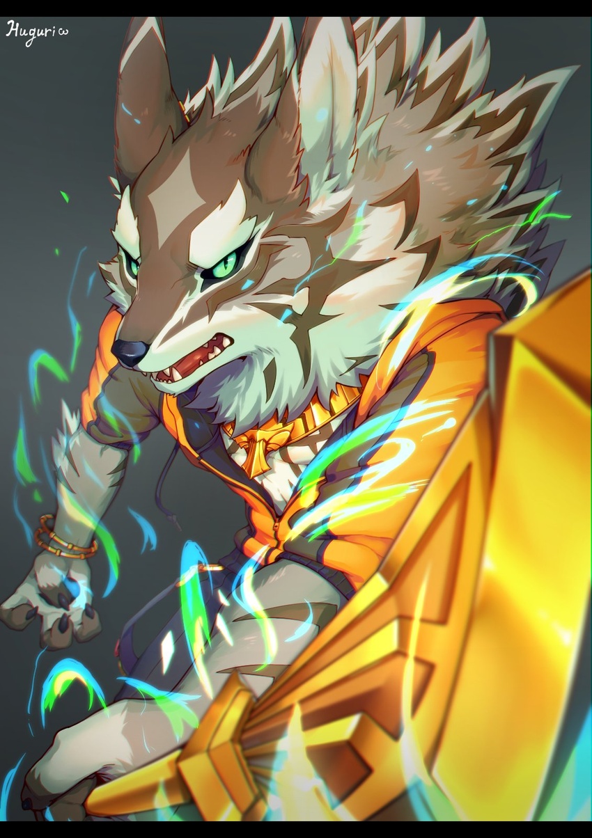 2018 4_fingers anthro black_bars black_nose canid canine canis claws countershading fangs fingers fuguri green_eyes hi_res jackal letterbox lifewonders looking_at_viewer male mammal seth_(tas) solo teeth tokyo_afterschool_summoners