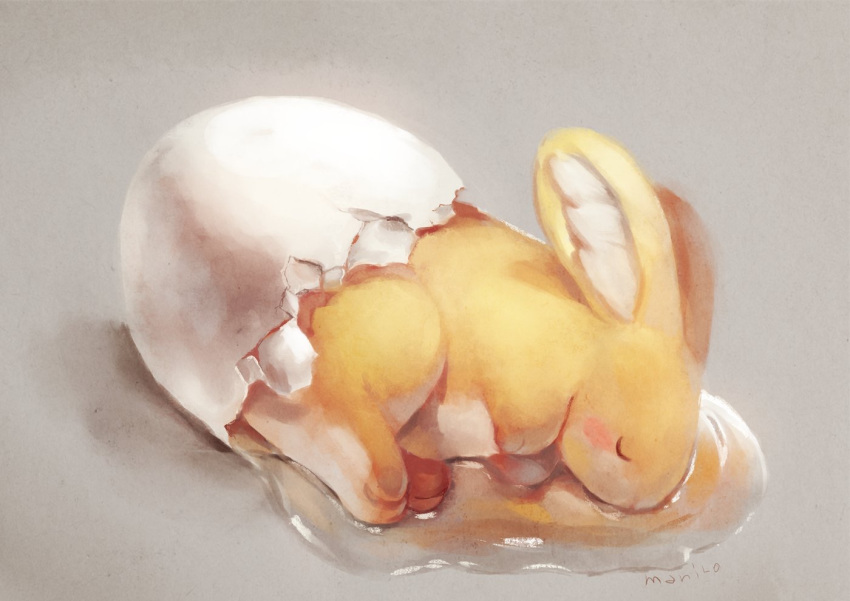 bunny closed_mouth commentary_request egg from_side grey_background lying manino_(mofuritaionaka) on_side original signature sleeping u_u yolk